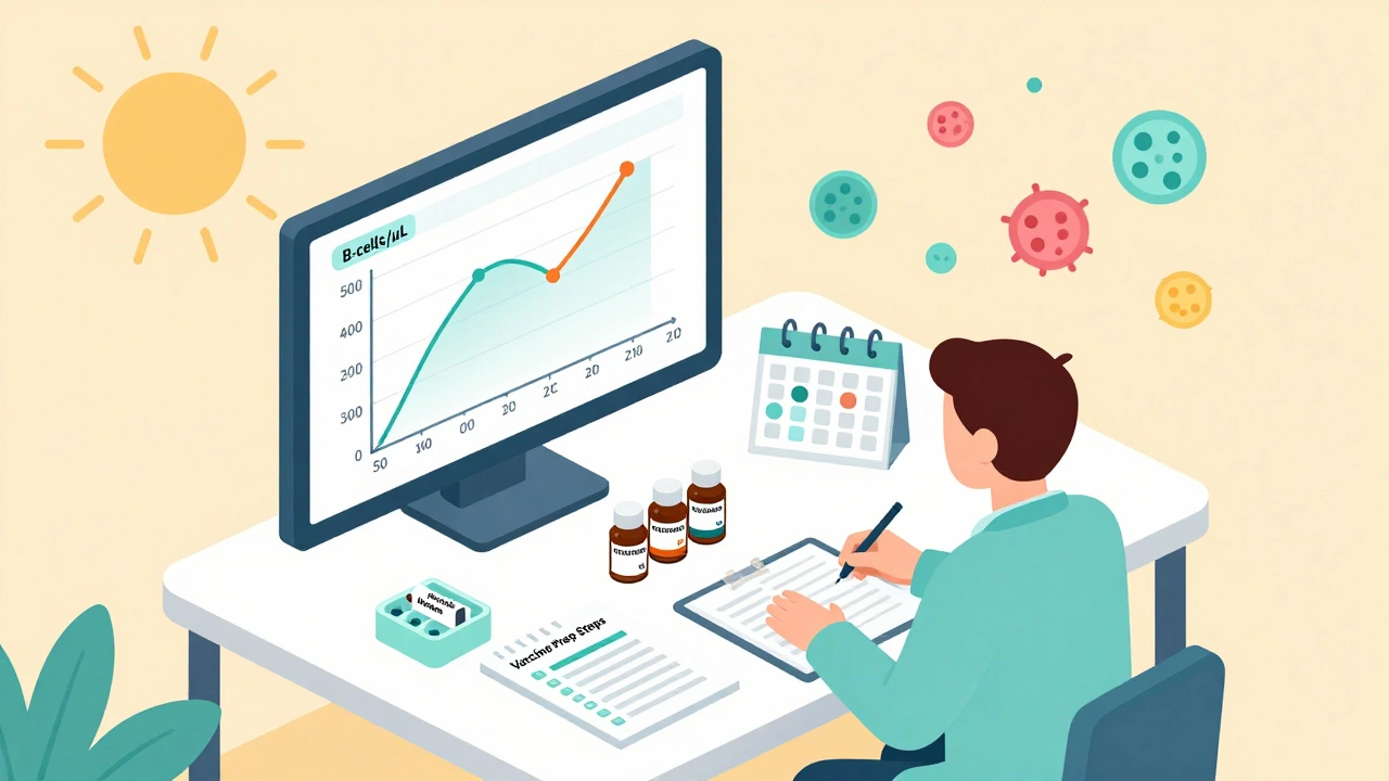 Doctor and patient reviewing B-cell count graphs and medication bottles on a table with a vaccine timing checklist in an isometric medical setting.