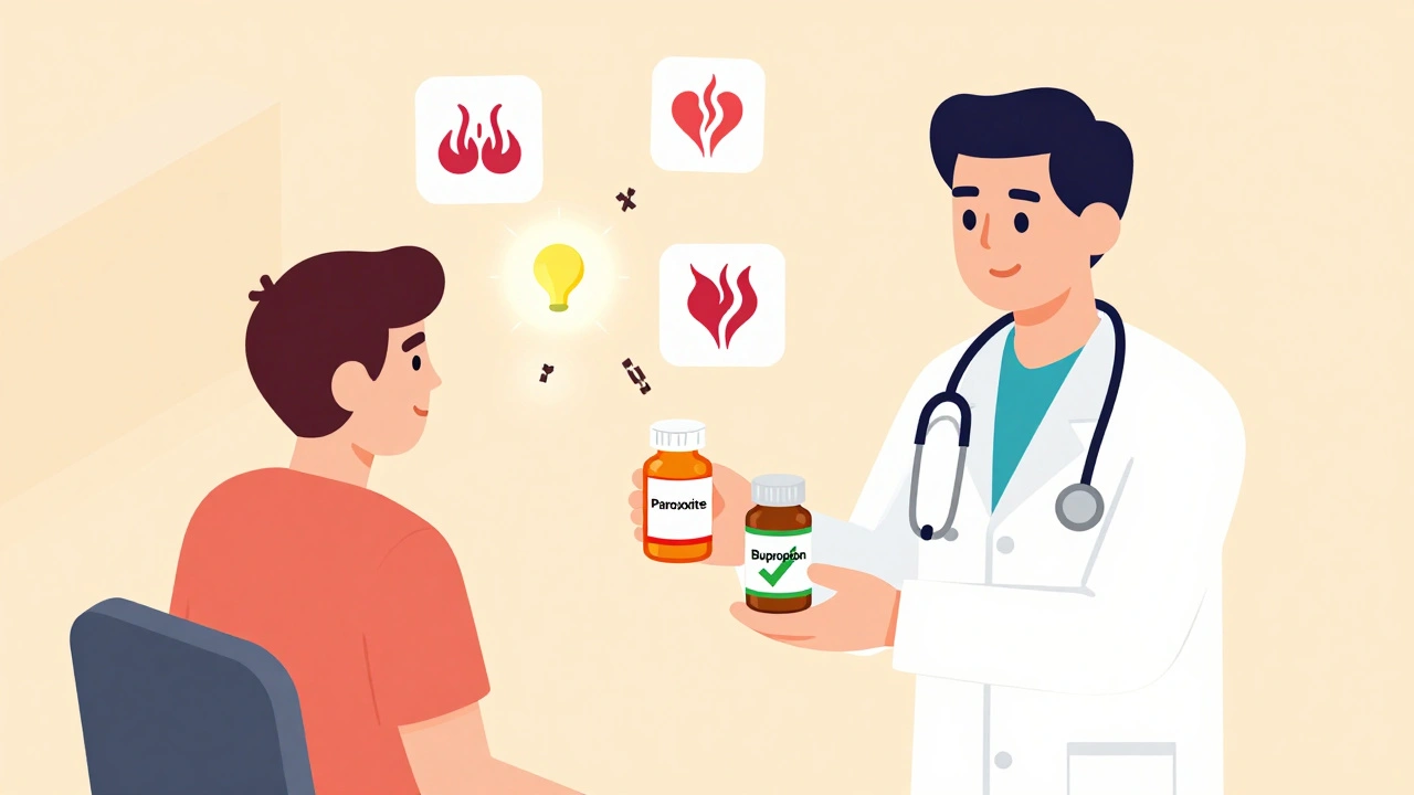 Doctor handing two pill bottles to patient, one with warning signs, the other with green checkmark.