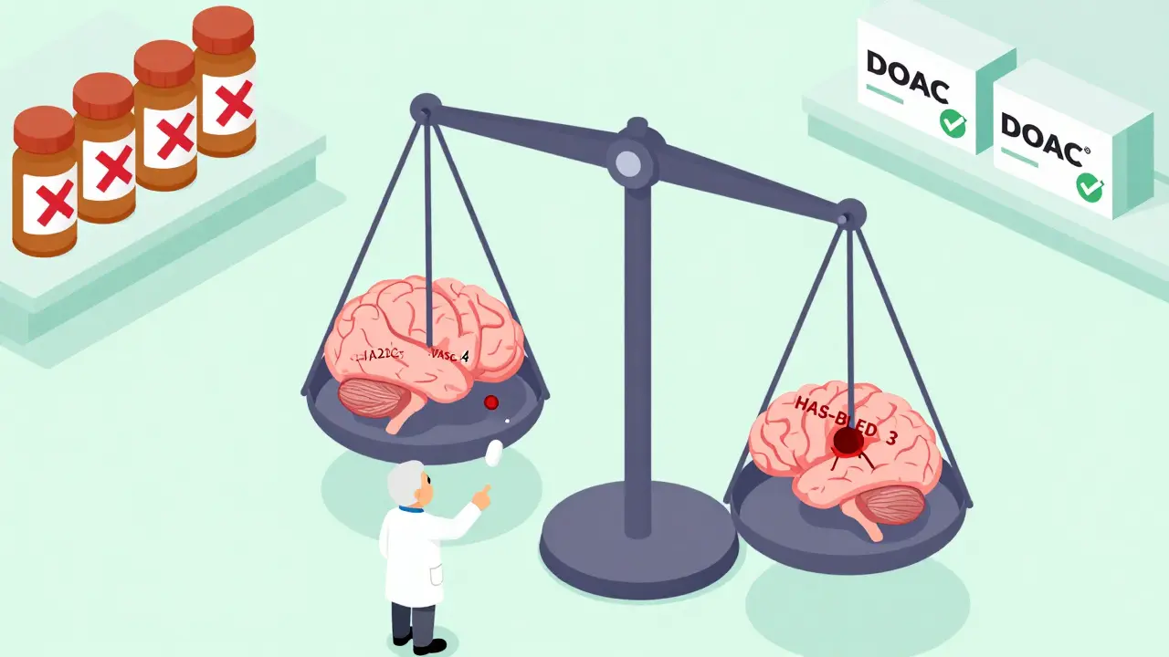 Doctor showing scale comparing stroke risk and bleeding risk with DOACs winning