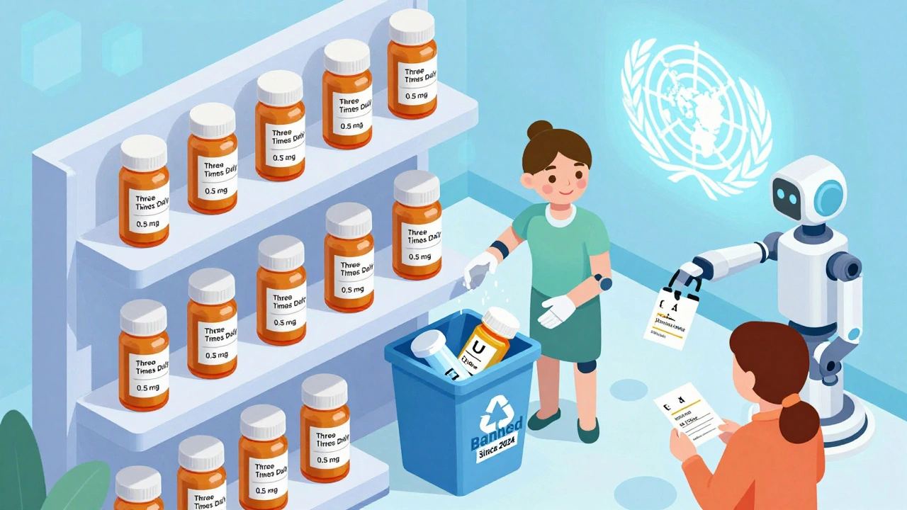 Futuristic pharmacy shelf displays only plain-language prescription labels as outdated abbreviations are discarded.