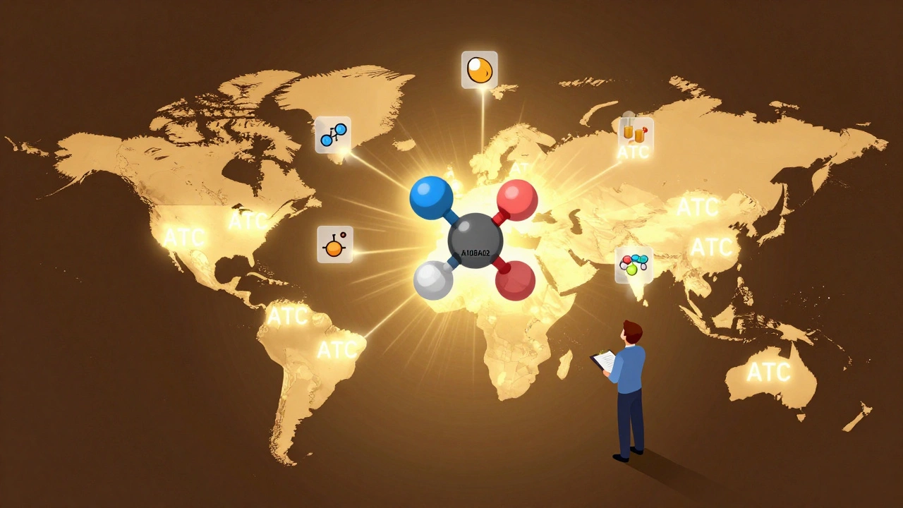 Global map with ATC classification codes radiating outward from a central drug molecule.
