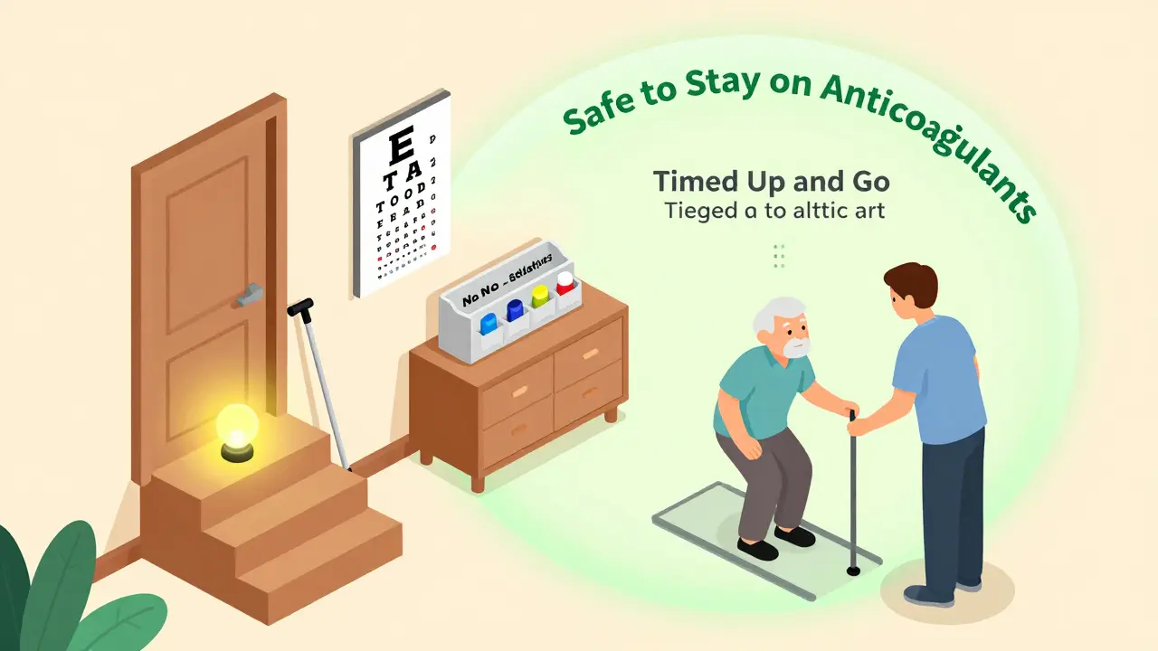 Home scene with safety fixes and physical therapy for fall prevention