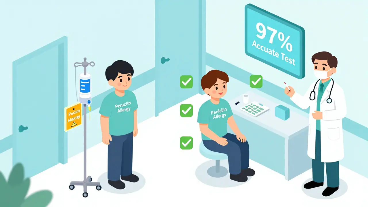 Hospital scene showing one patient receiving expensive antibiotics while another undergoes a simple allergy test with a pharmacist.