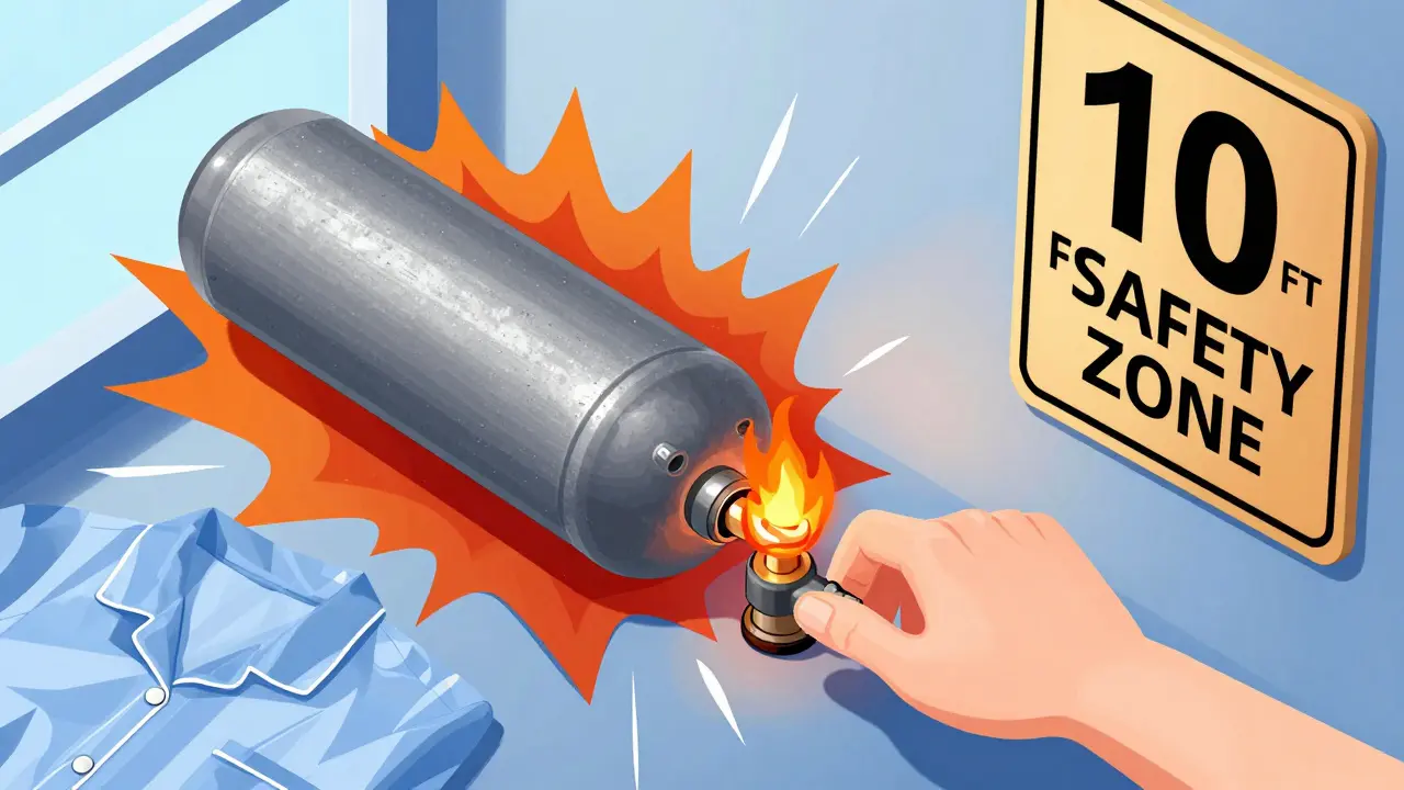 Isometric cartoon of an oxygen cylinder near a window with static spark igniting synthetic pajamas, warning signs visible.