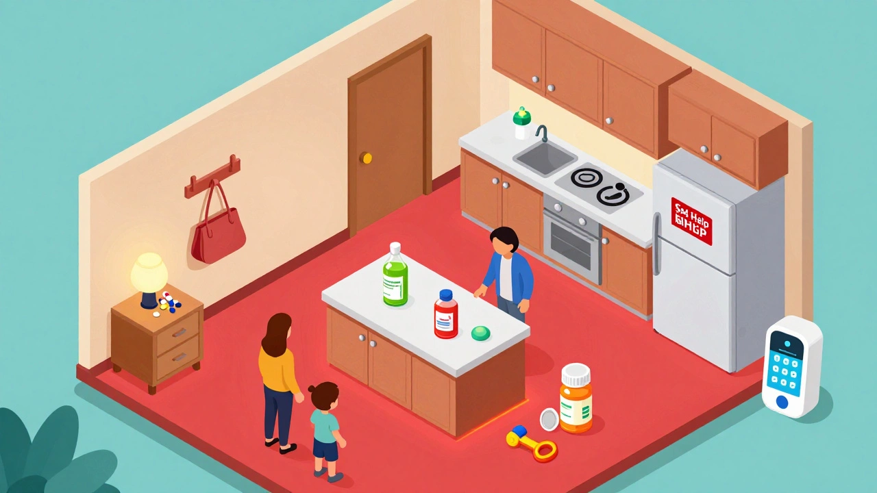 Isometric home scene with red danger zones for medication and safe locked storage areas highlighted.