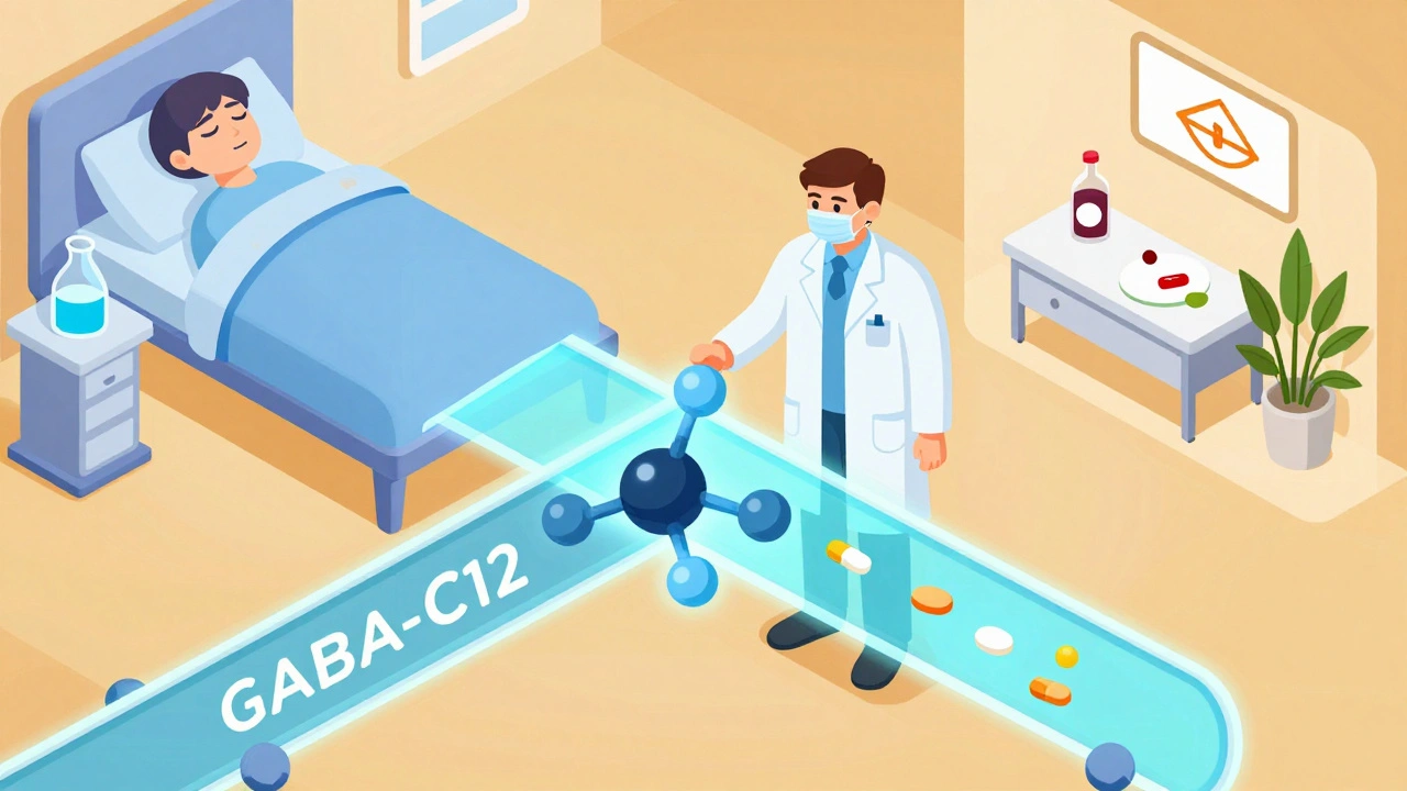 Lab scene showing new GABA-C12 molecule crossing the blood-brain barrier while old GABA fails.