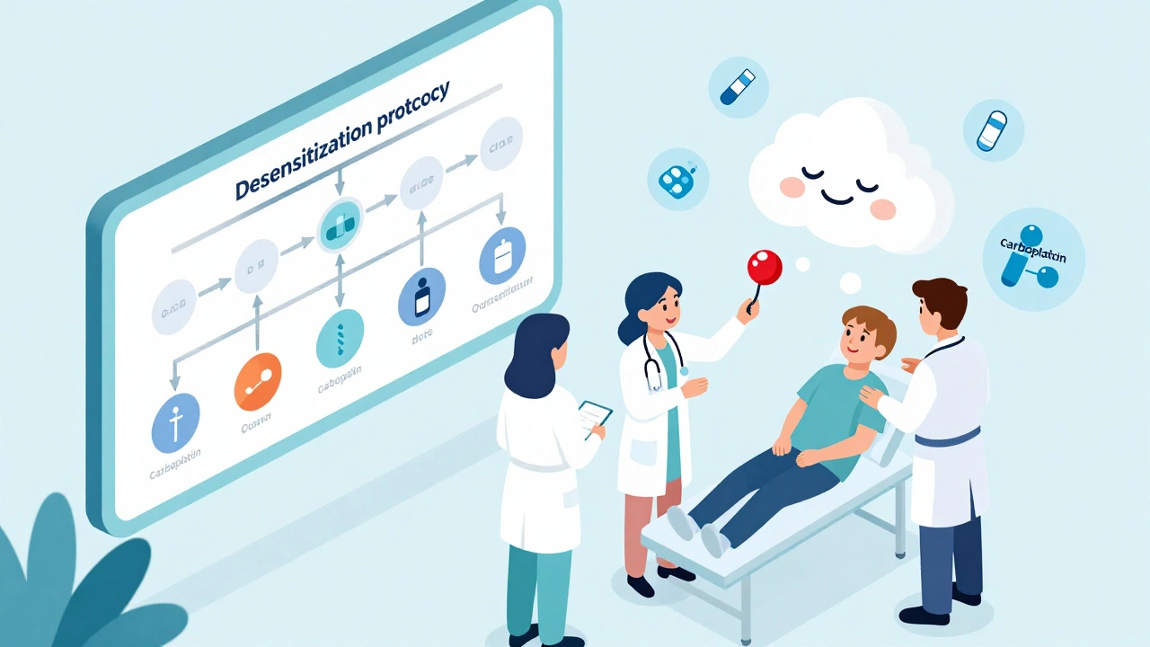 Medical team using a visual protocol chart to guide drug desensitization for a chemotherapy patient.