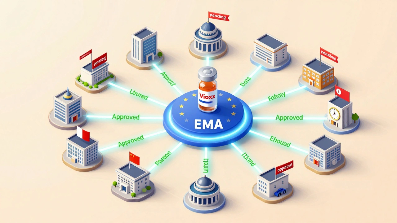 Network of European countries connected to EMA hub, showing coordinated drug safety actions.