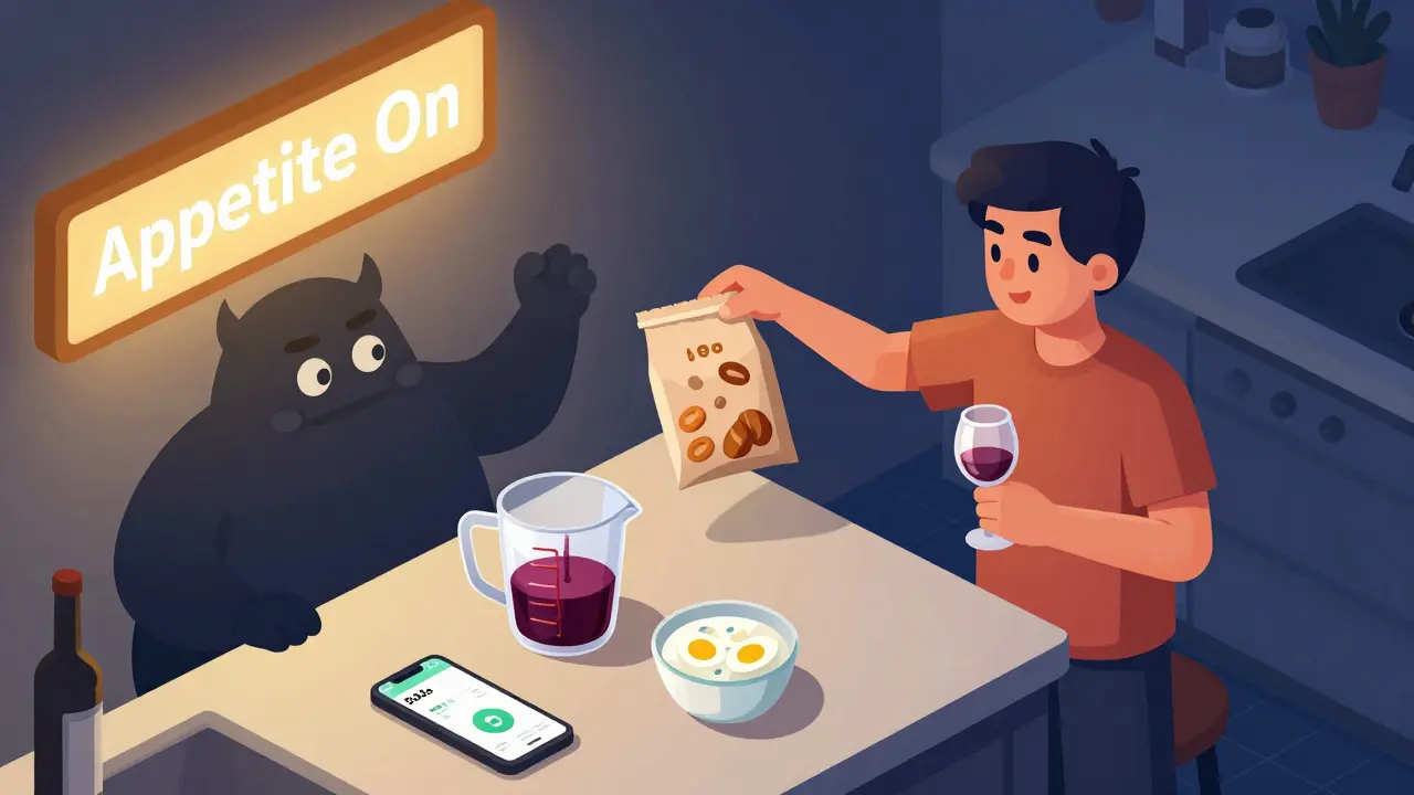 Nighttime kitchen scene with person snacking after drinking, measuring wine and eating protein.