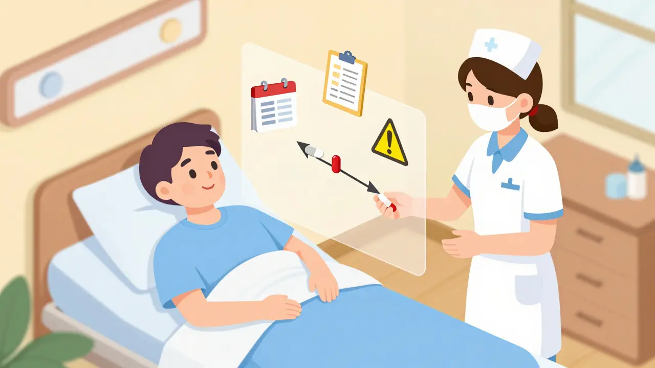 Nurse giving medication to a patient while a transparent substitution graphic shows Xarelto changing to apixaban.