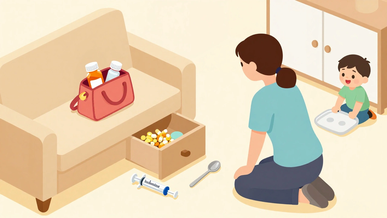 Parent kneeling to view home from child’s perspective, revealing unsafe medicine storage spots.