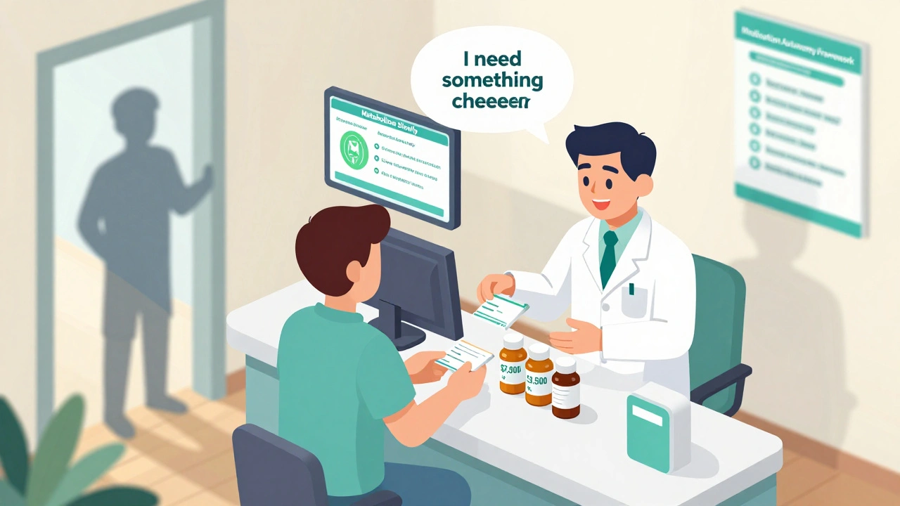 Patient choosing affordable medication at pharmacy with genetic info displayed
