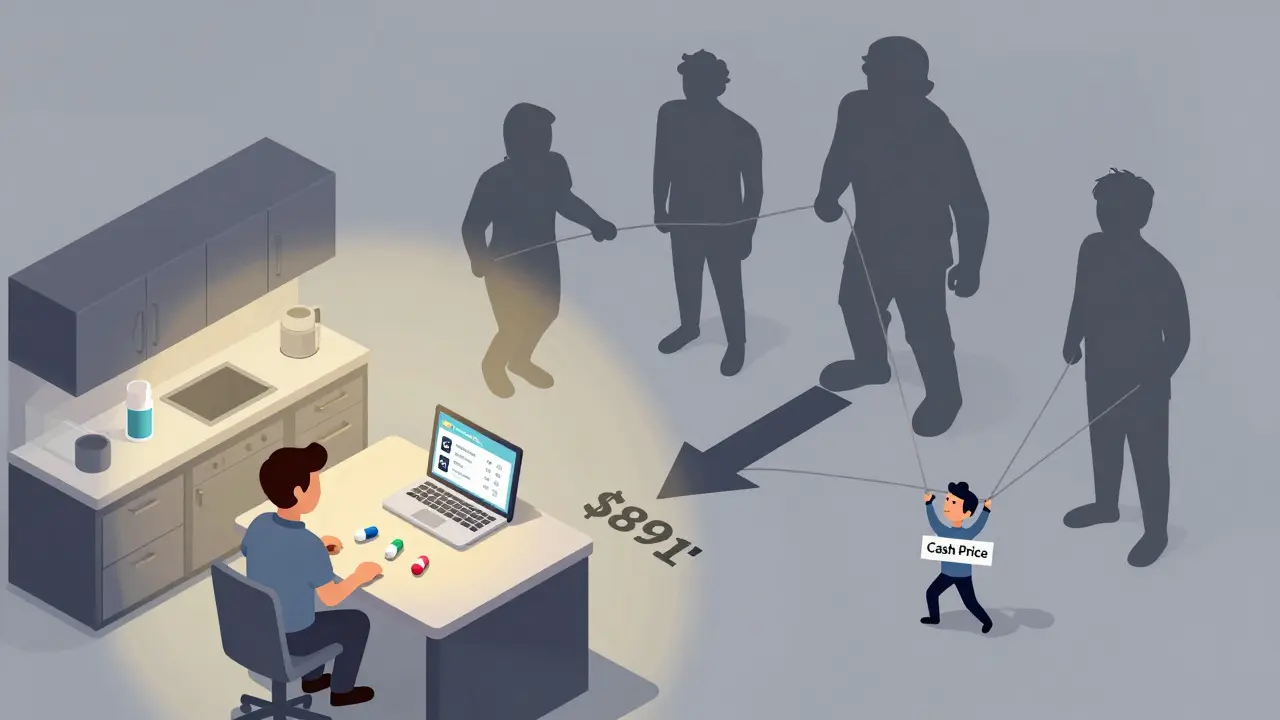 Patient compares drug prices on a laptop as corporate giants pull prices up with ropes.