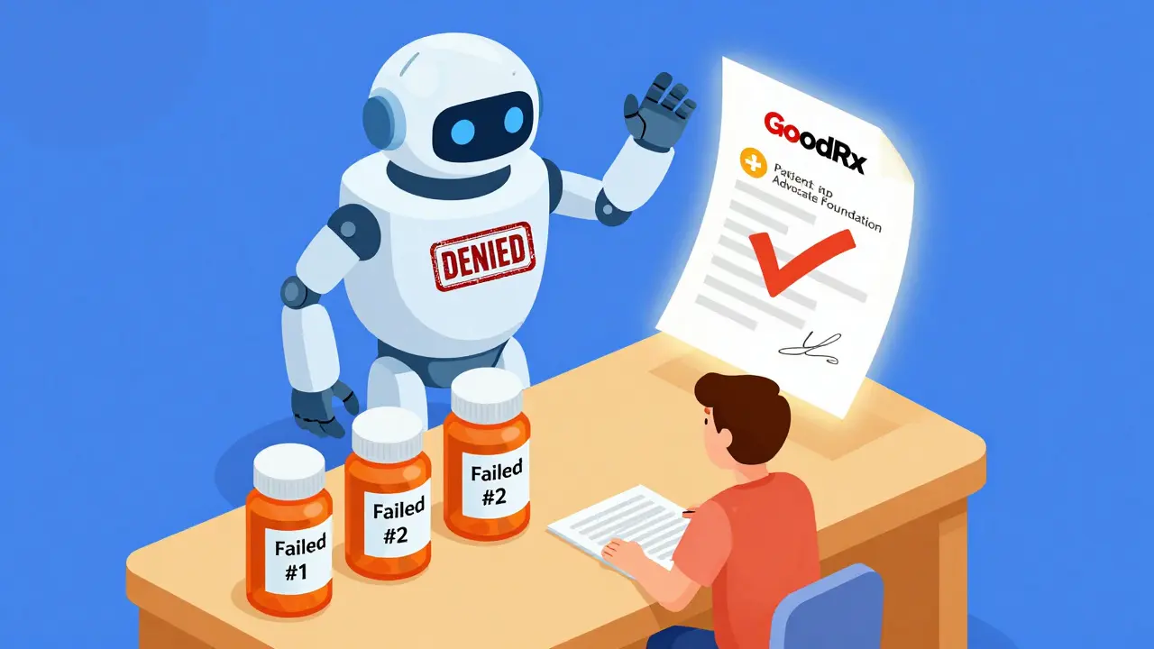 Patient surrounded by failed generic pills and rising appeal letter supported by advocacy icons.
