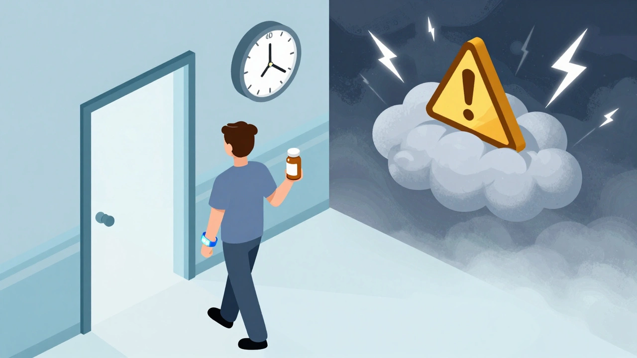 Patient walking away from hospital as immune system reactivates after 48 hours without medication.