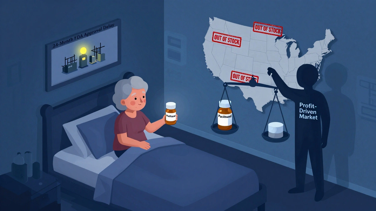 Patient with empty medicine bottle, profit-driven market scale tipping toward expensive drugs, rural hospitals marked out of stock, slow FDA approval wall.