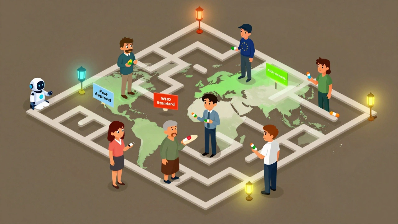 Patients in a global maze with conflicting drug safety signs, illustrating regulatory fragmentation.