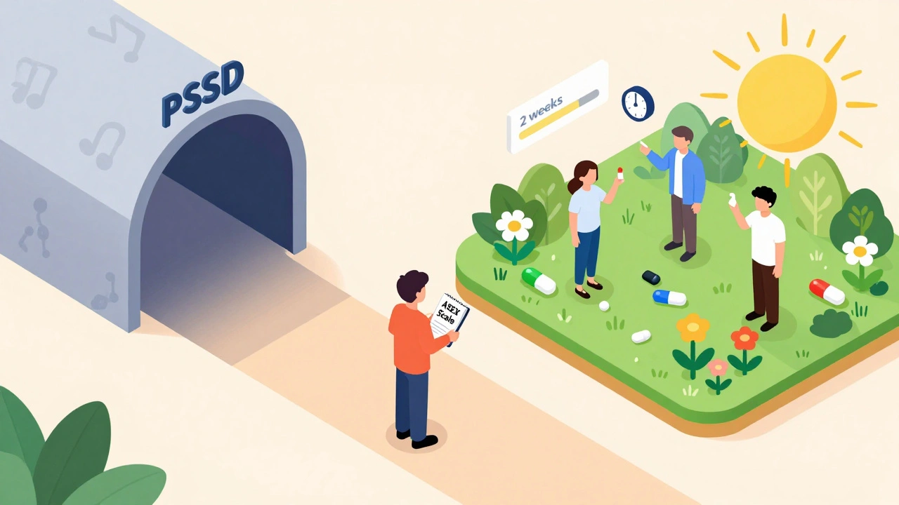 Person between two paths: one dark with PSSD, one bright with improved sexual health symbols.