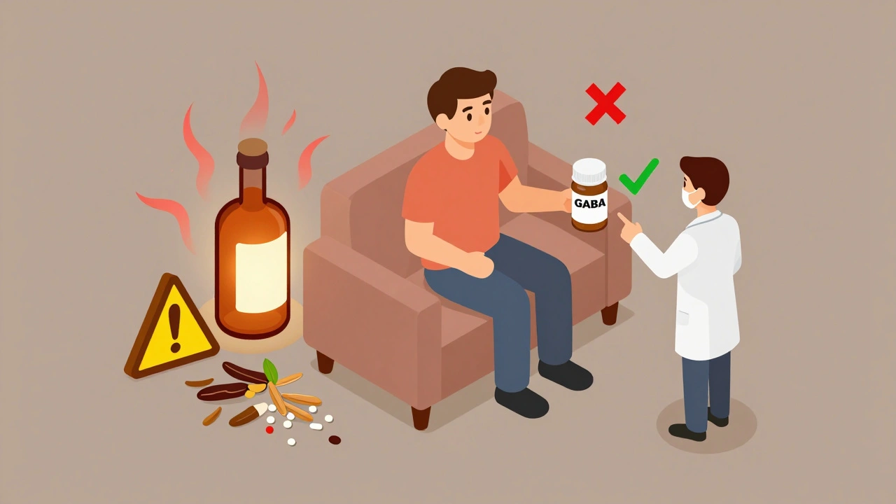 Person with GABA supplement beside warning symbols for alcohol and herbal sedatives in clinical isometric scene.
