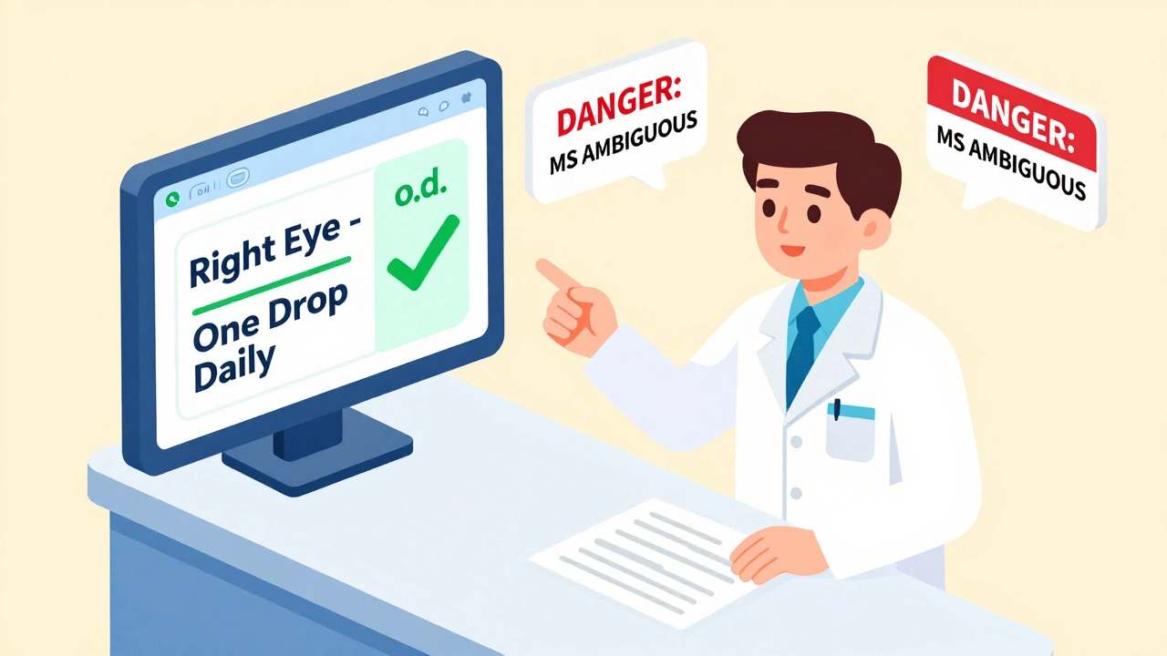 Pharmacist explains eye drop instructions on a label while an AI system converts ambiguous abbreviations on screen.