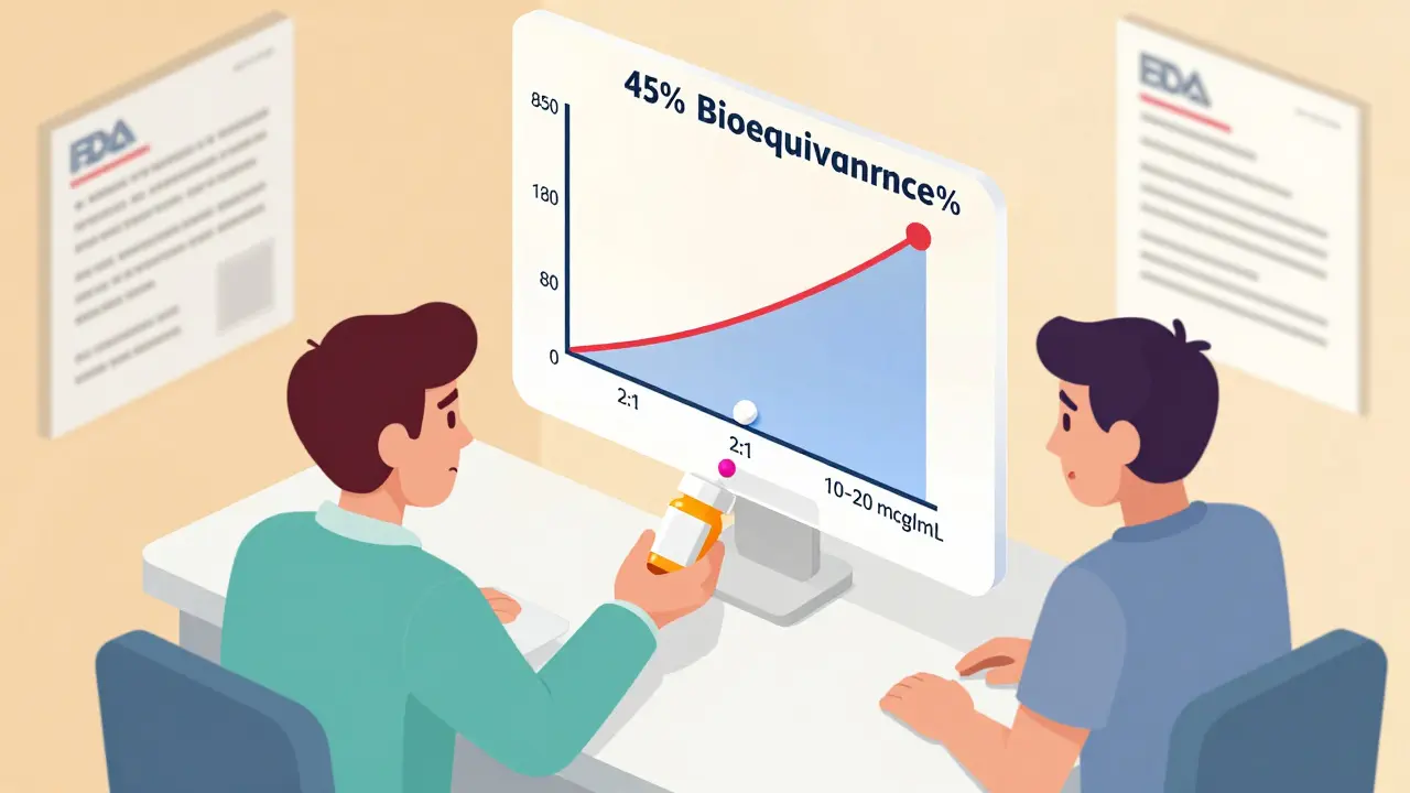Pharmacist handing a generic pill bottle while a bioequivalence graph shows dangerous ranges.