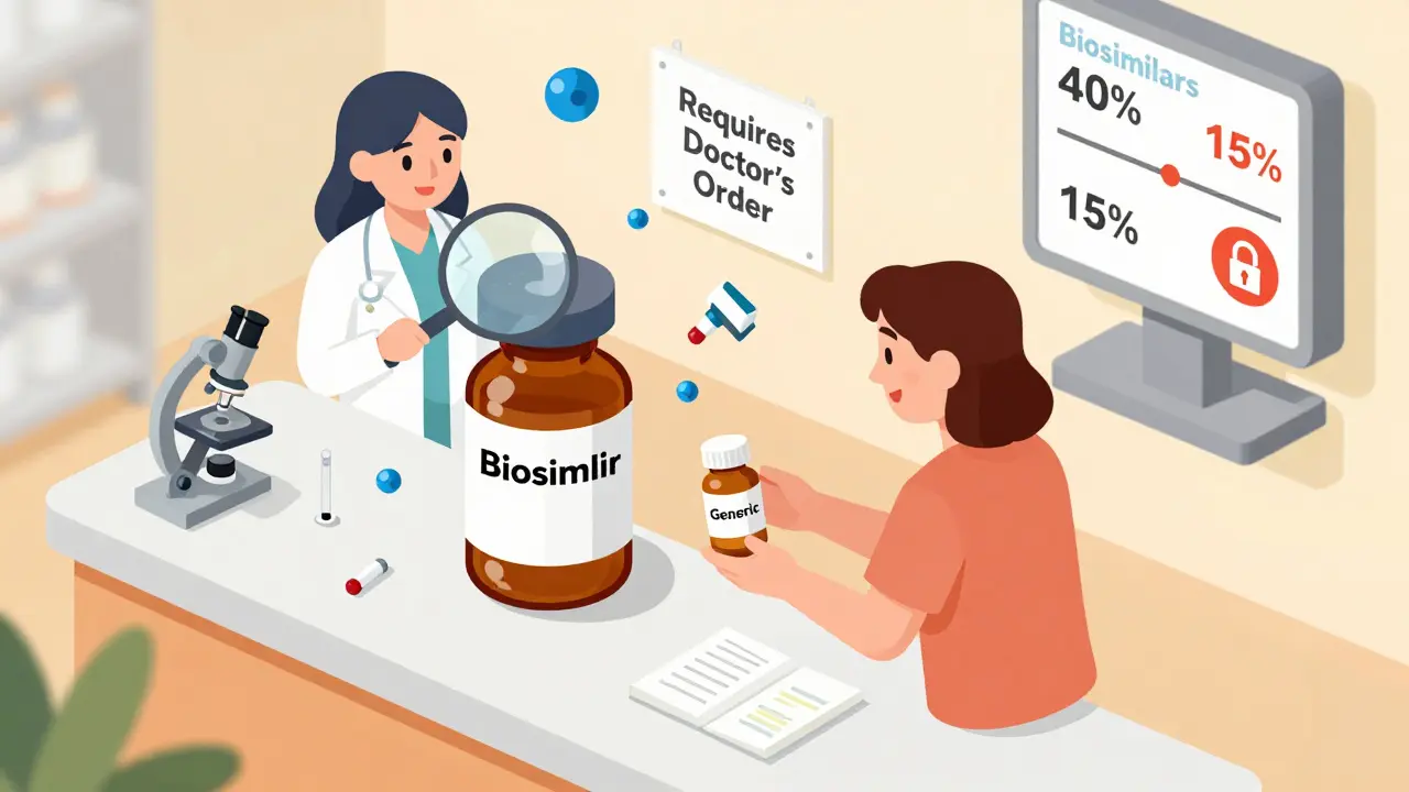 Pharmacist handing a generic pill to a patient while a biosimilar vial requires special authorization.