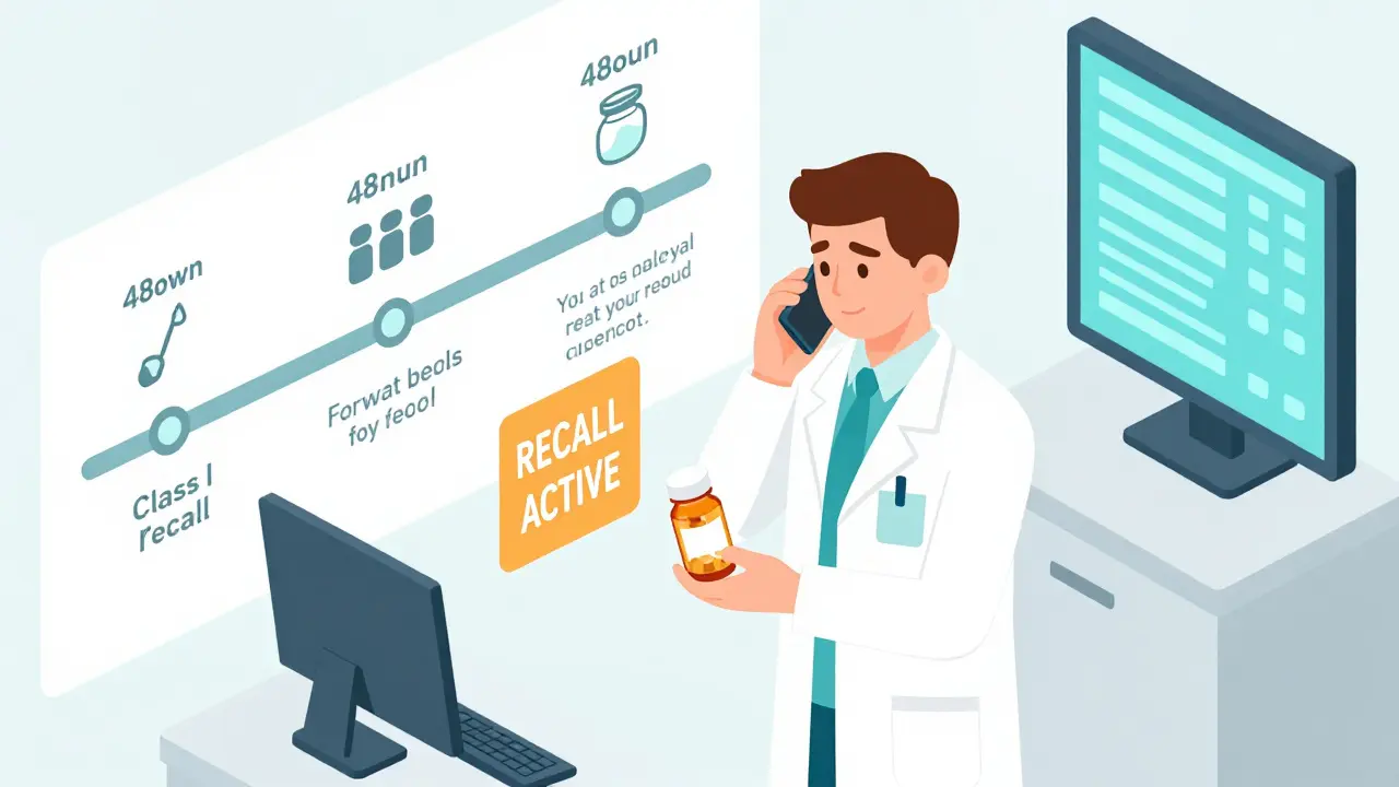 Pharmacist scanning a bottle with a recall warning pop-up, patient receiving call, and digital log showing documented actions.
