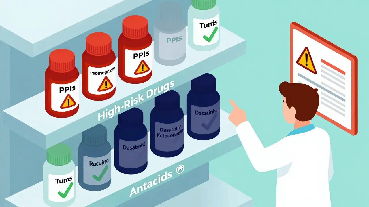 Pharmacy shelf showing dangerous interactions between acid reducers and critical medications