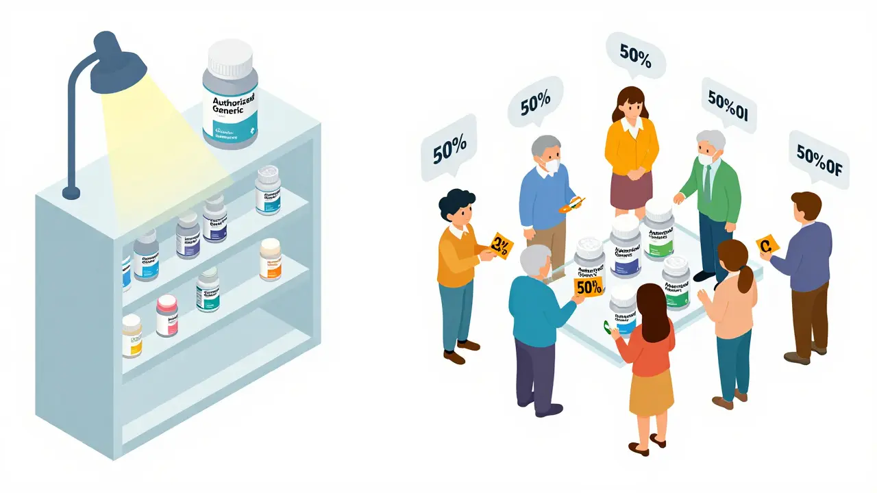 Pharmacy shelf with branded drug on one side and discounted authorized generics being picked up by diverse patients.