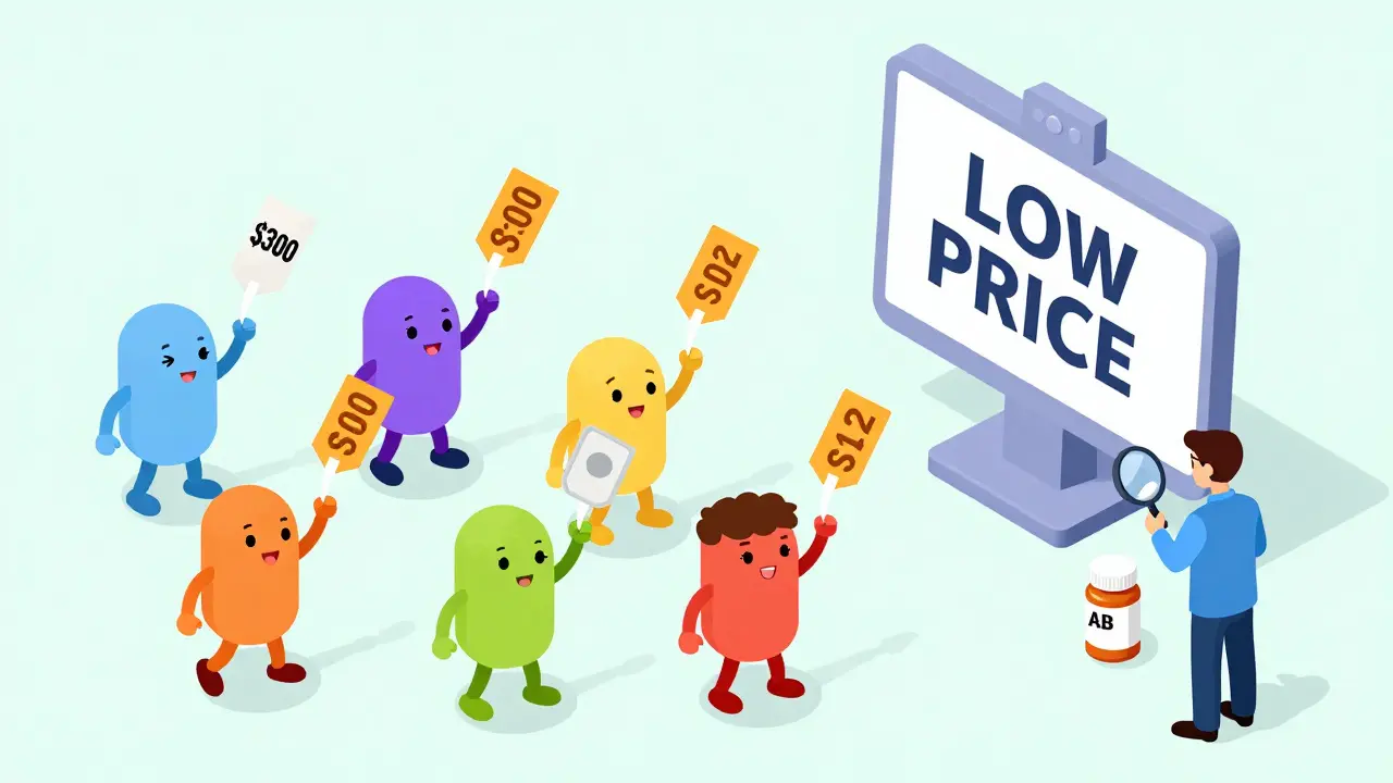 Six cartoon generic drug makers competing by throwing lower price tags in a vibrant market scene.