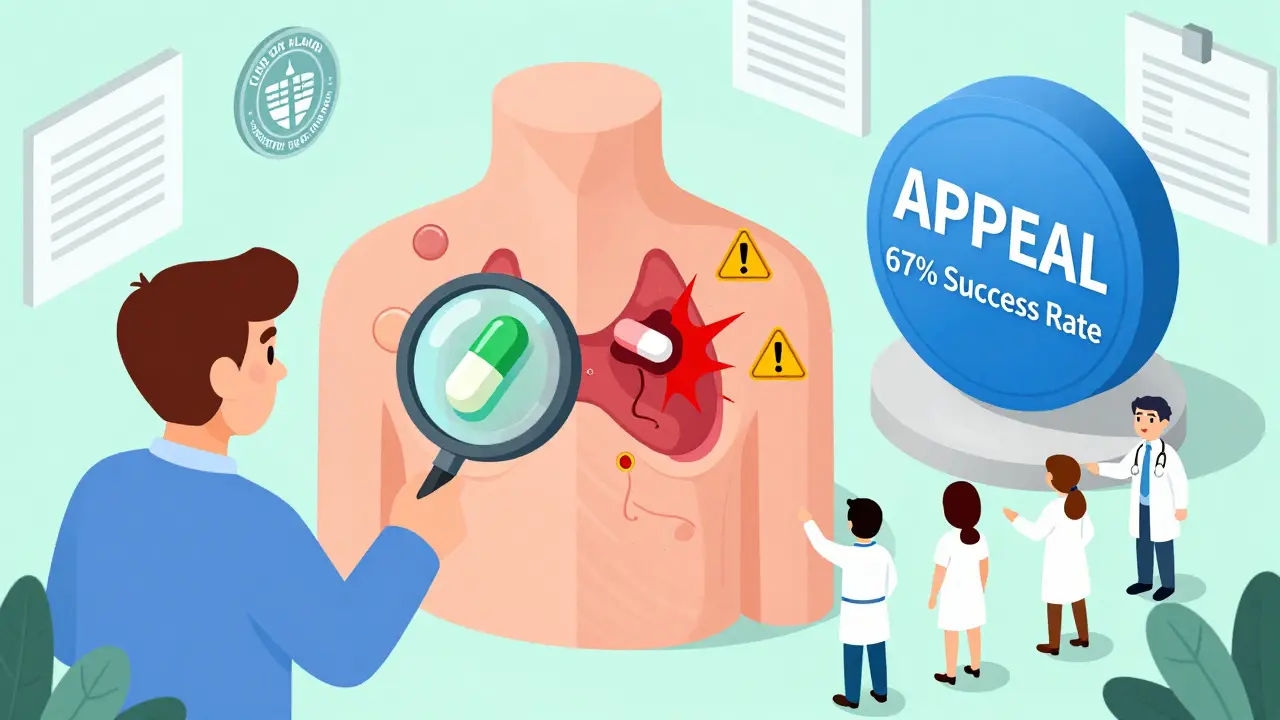 Split-body illustration showing brand vs generic pill effects with advocates pushing an appeal button.