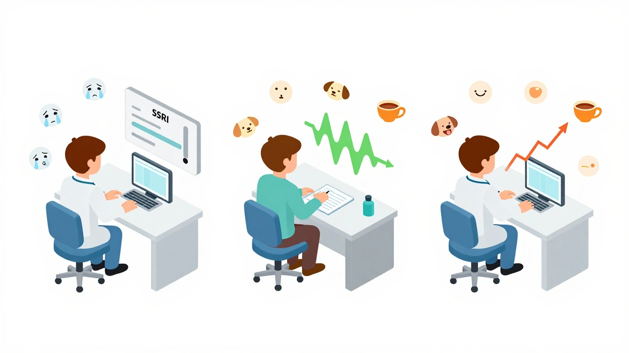 Three patients in a doctor’s office showing different emotional responses to antidepressant treatments.