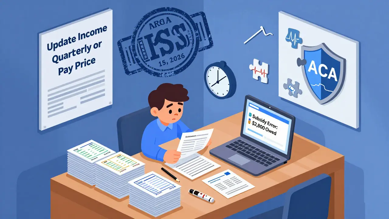 A self-employed person overwhelmed by tax errors and quarterly income updates at a kitchen table.