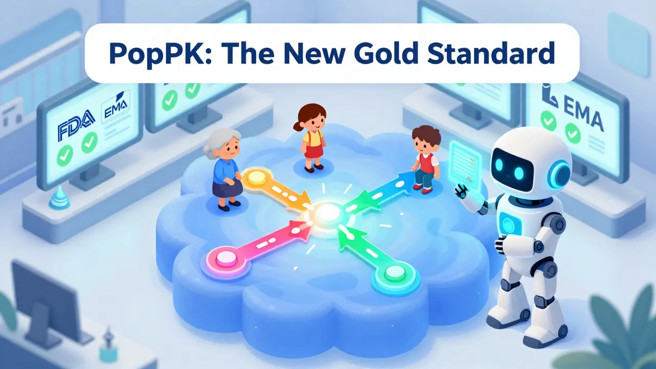 AI robot analyzing patient data clouds, showing personalized drug pathways for elderly, child, and impaired patients.