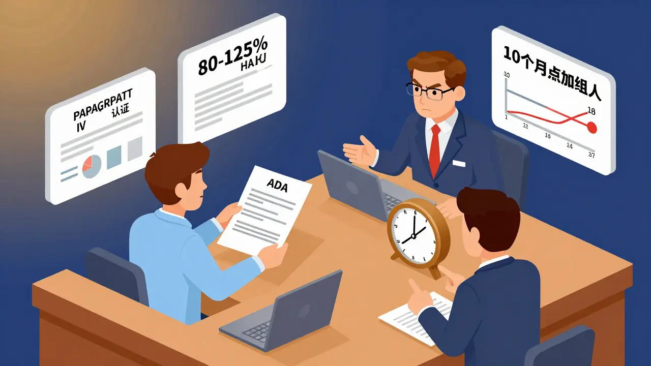Courtroom-style scene with ANDA dossier, patent clock, and bioequivalence data in isometric view.