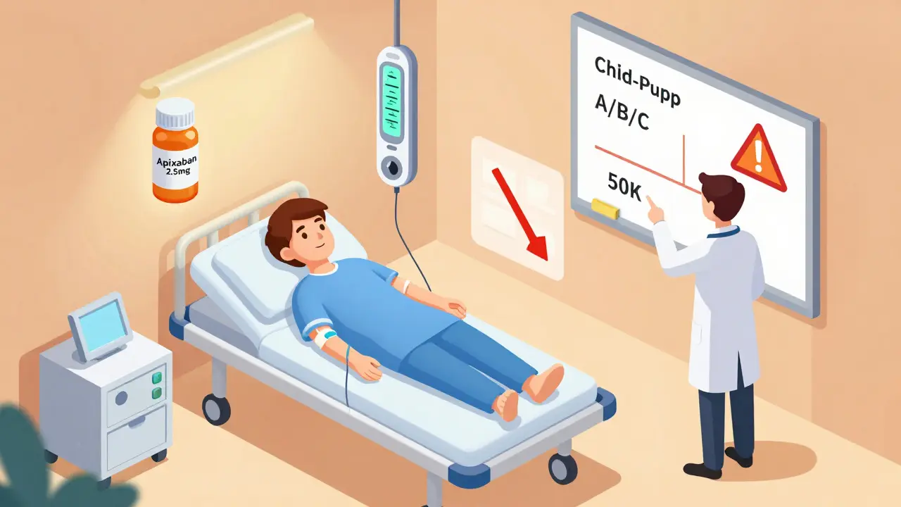 Dialysis patient with floating medical icons showing apixaban, low platelets, and broken INR meter.