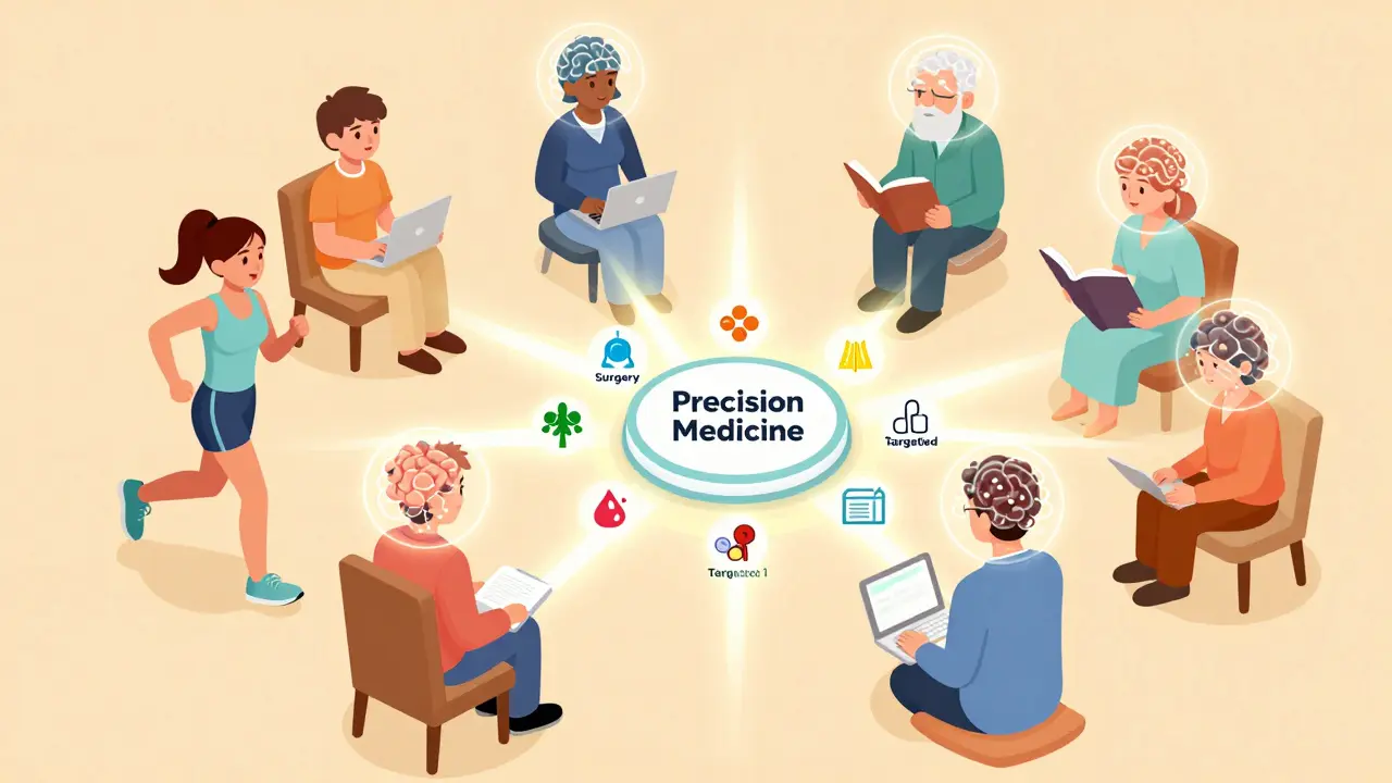 Diverse patients with translucent brains showing tumor profiles connected to precision medicine hub.