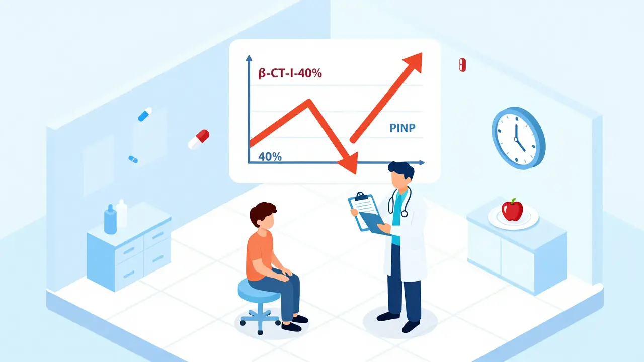 Doctor and patient with a floating graph showing decreasing resorption and increasing bone formation markers.
