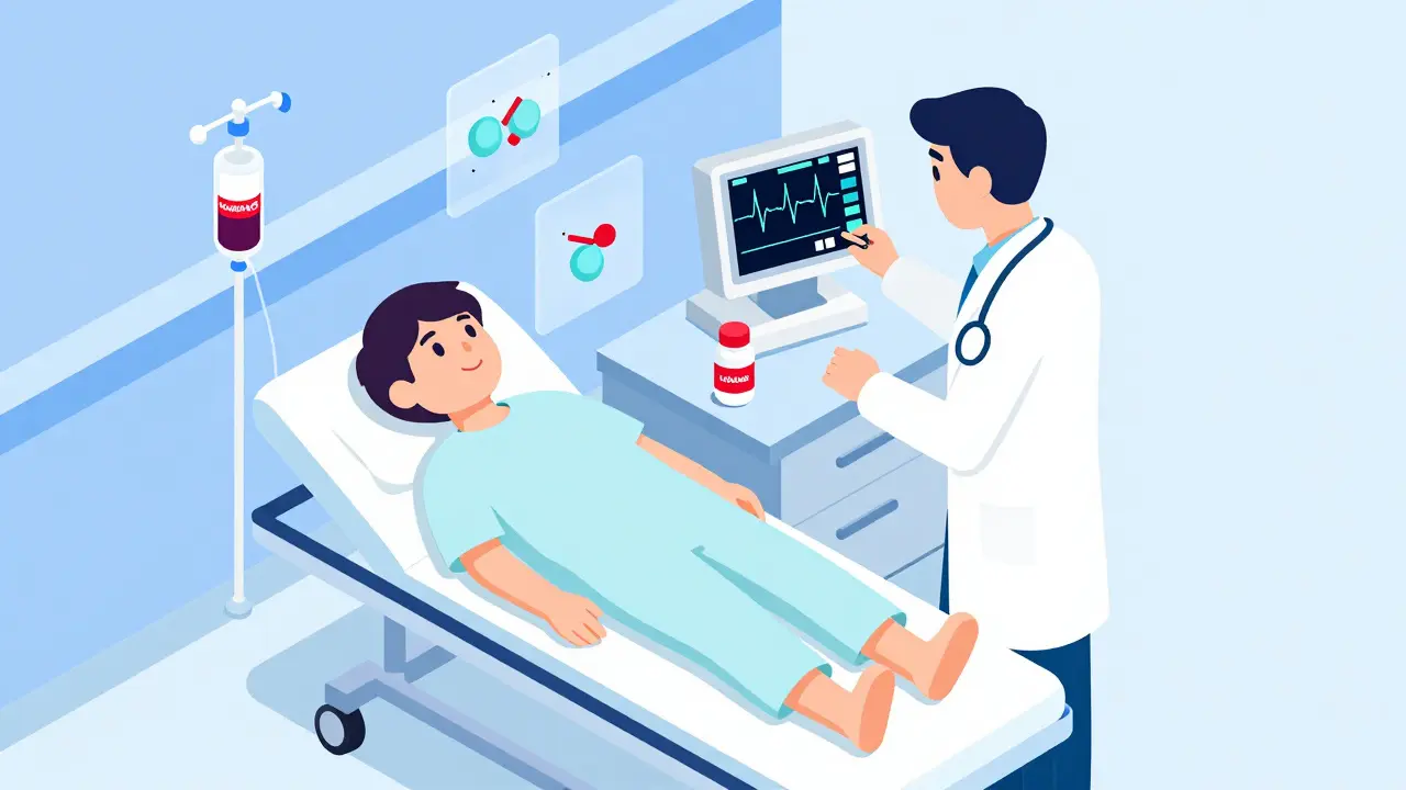 Emergency room patient receiving IV treatment with ECG monitor showing high potassium