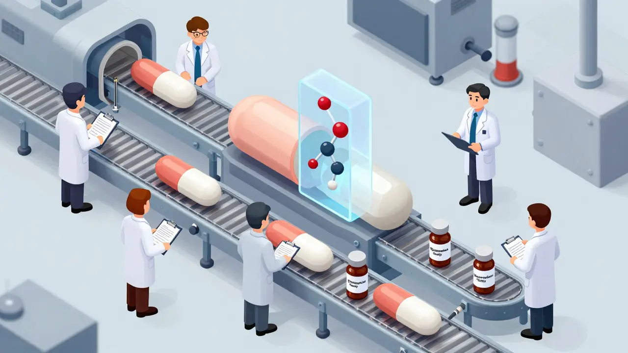 Factory scene with generic tablets being made under FDA inspection, showing molecular matching.