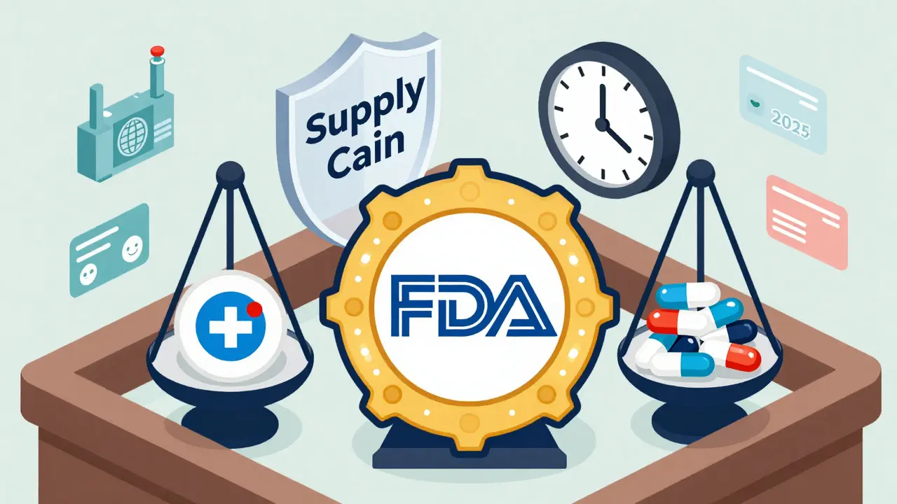 FDA scale balancing brand drug company and U.S.-made generics with supply chain icons.