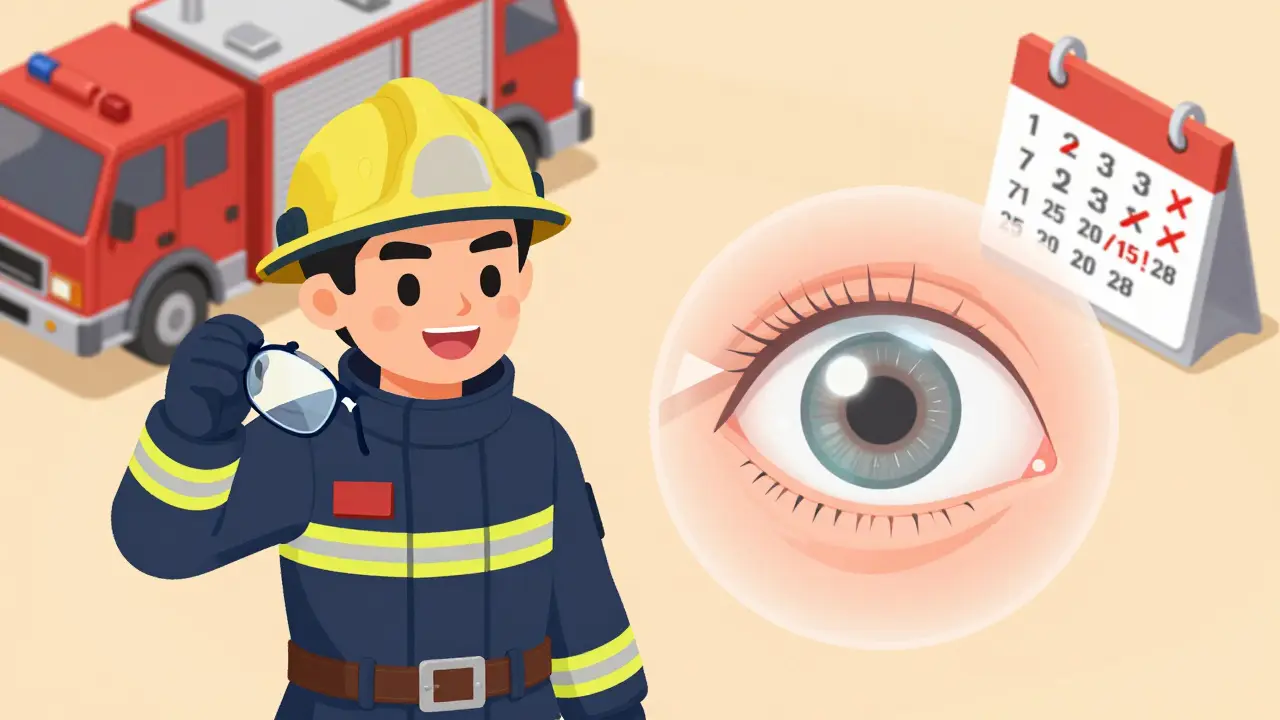 Firefighter celebrating perfect vision after PRK surgery, with broken glasses and recovery calendar in background.