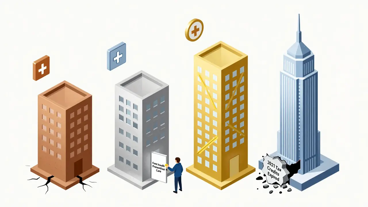 Four metal-tier insurance buildings with a person unlocking affordable care at the Silver plan.