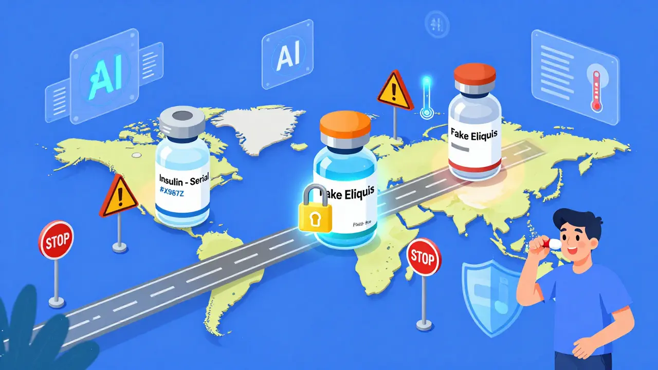 Global supply chain map with secure drug vials traveling safely while counterfeit ones are blocked by warning signs.