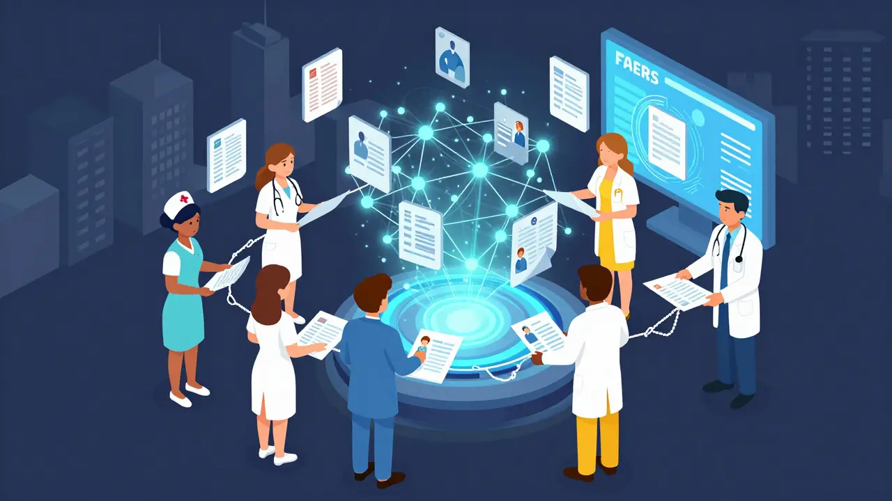 Healthcare workers passing report to FDA data hub with swirling patient reports