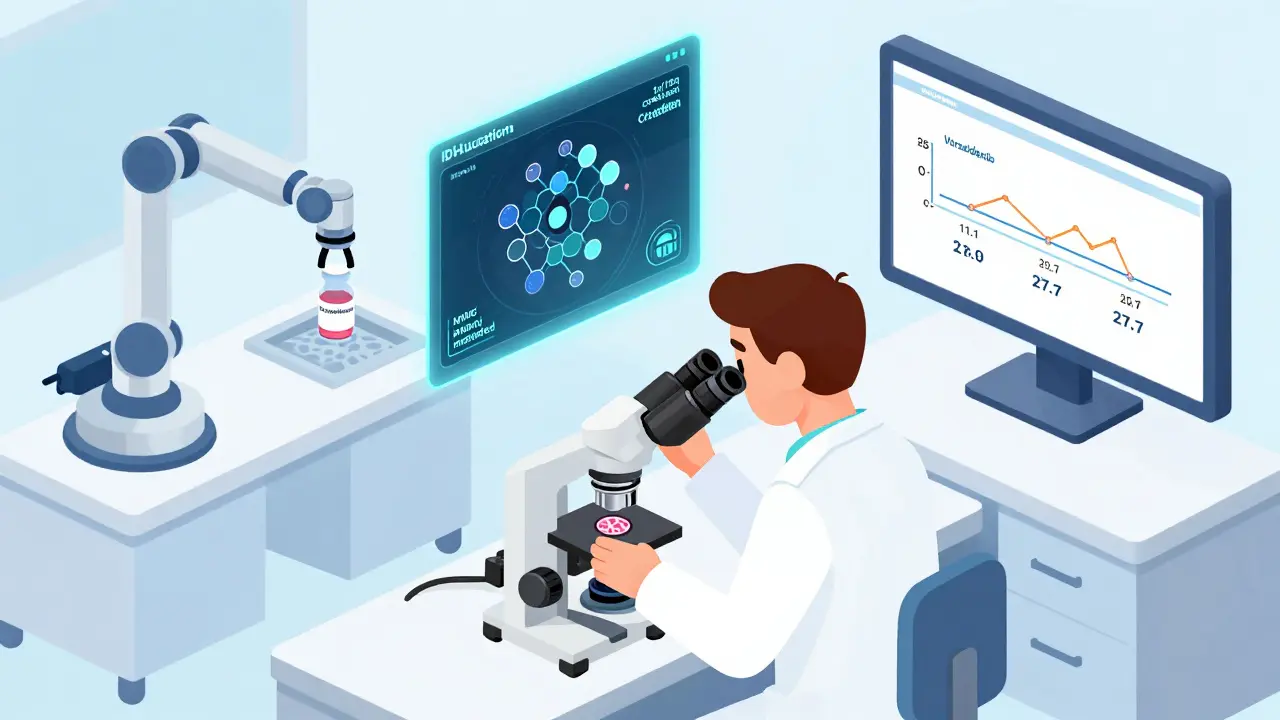 Modern lab scene with pathologist viewing holographic brain tumor genetic data and vorasidenib pills.