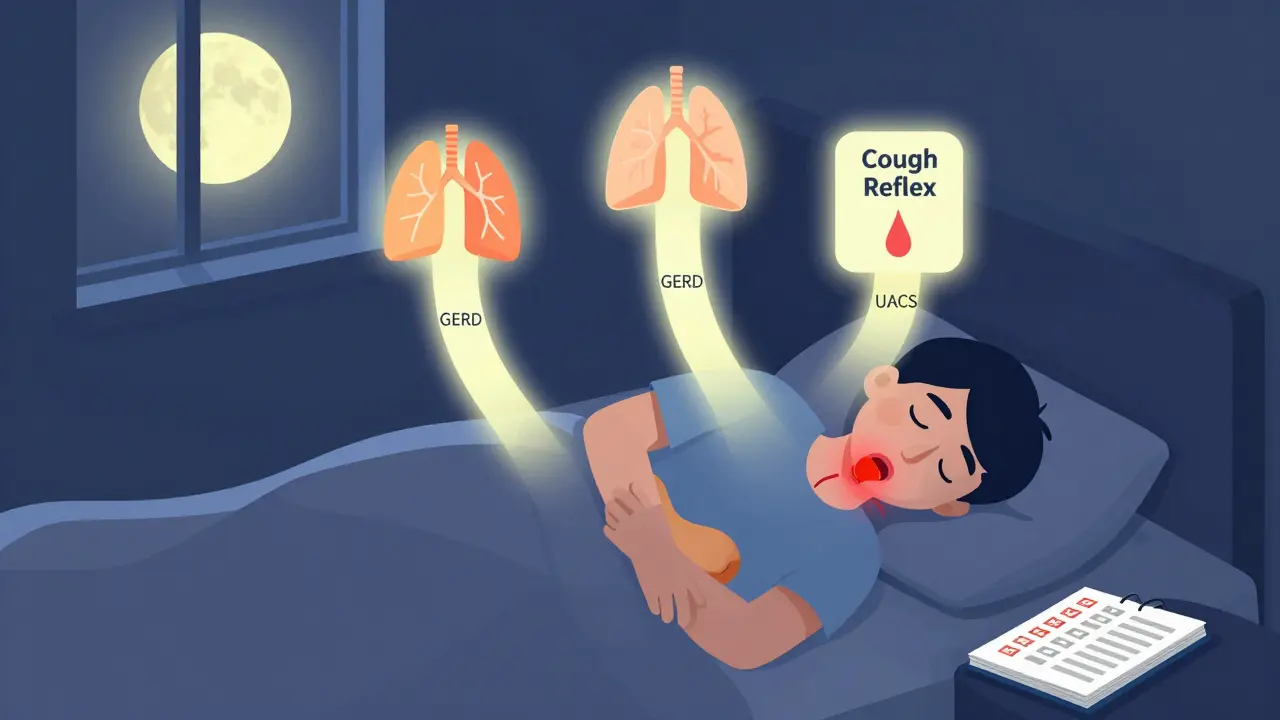Nighttime scene showing three pathways causing cough: GERD, asthma, and UACS with glowing reflex in throat.