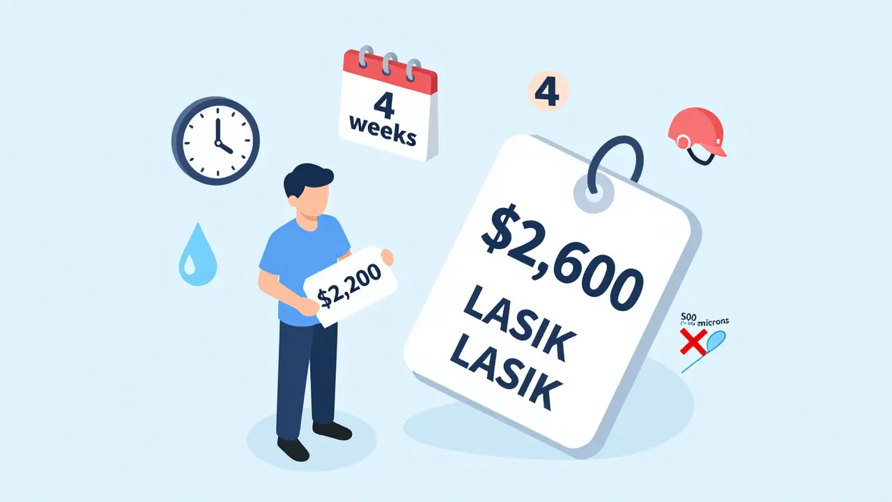 Patient comparing PRK and LASIK costs and recovery times with icons for sports, dry eye, and corneal thickness.