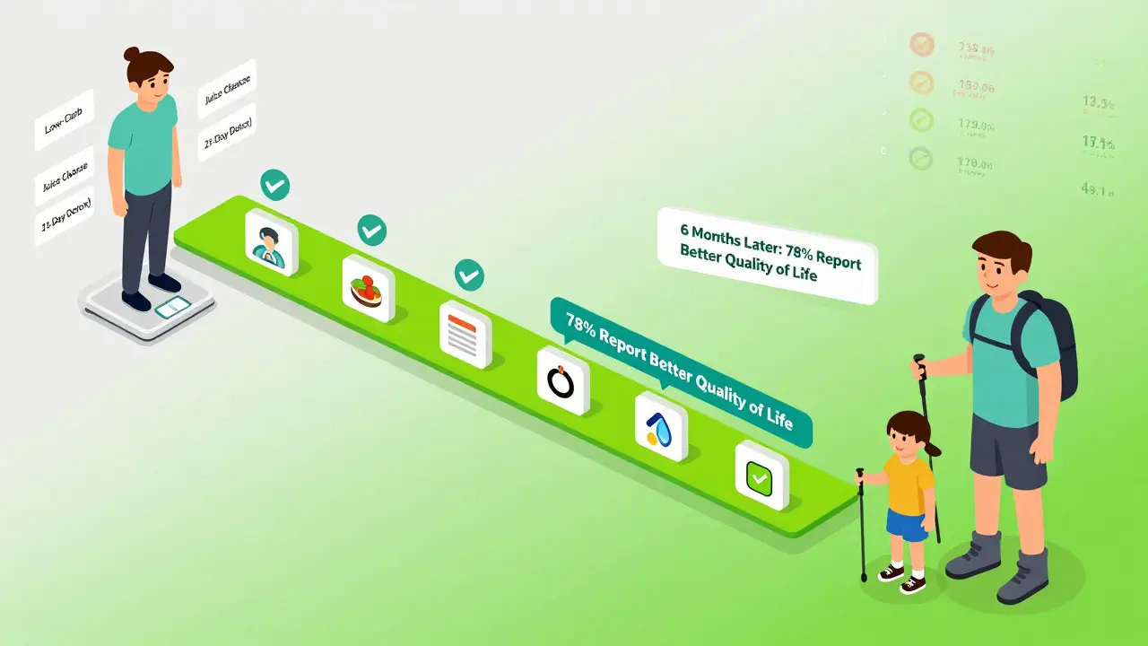 Patient journey from failed diets to active life with health improvements shown along a timeline.