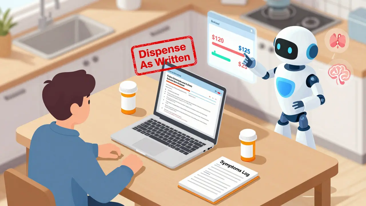 Patient logging symptoms at home with insurance formulary and 'Dispense As Written' stamp